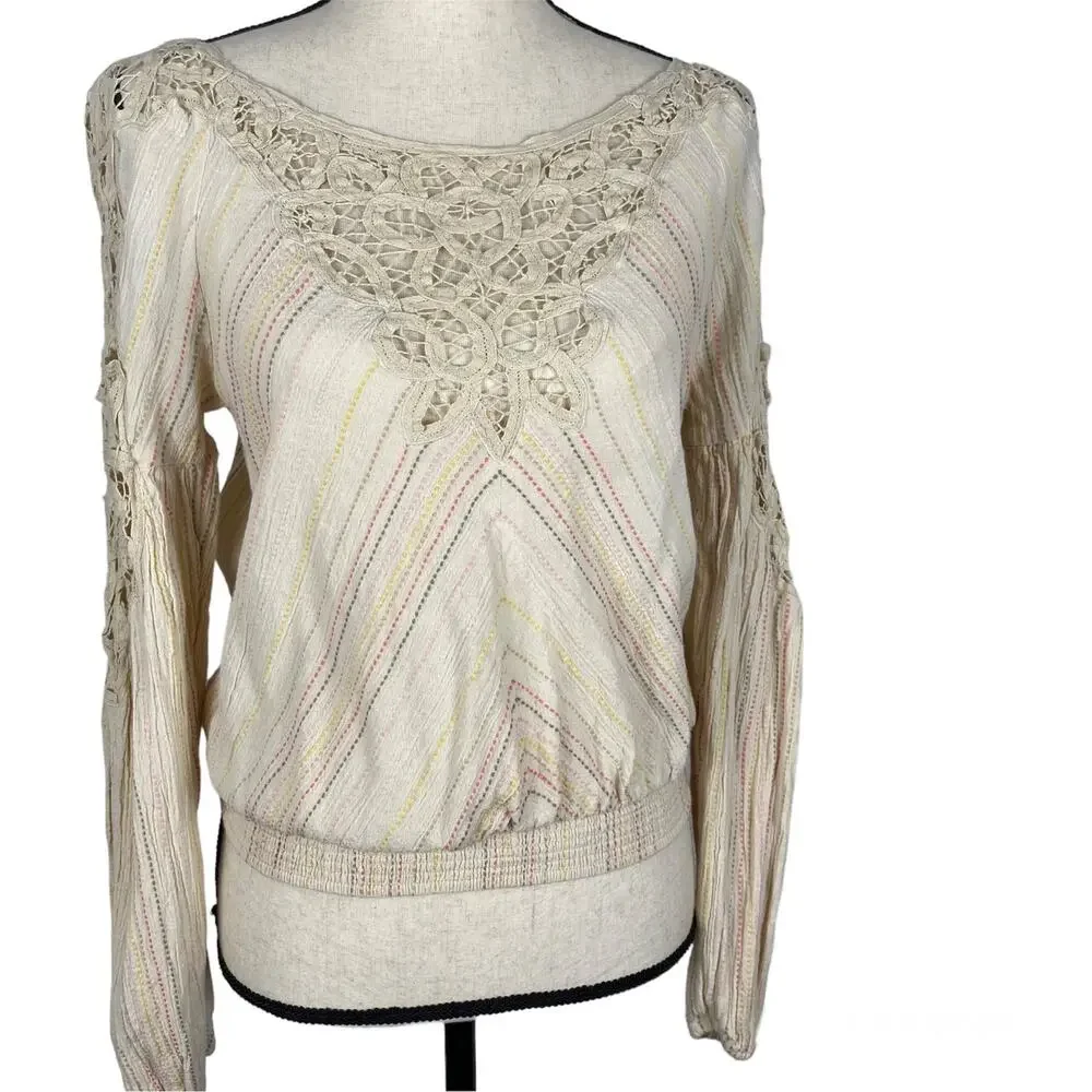 Free People Floating Memories Blouse Cotton Eyelet Pullover Top Beige Womens Sm